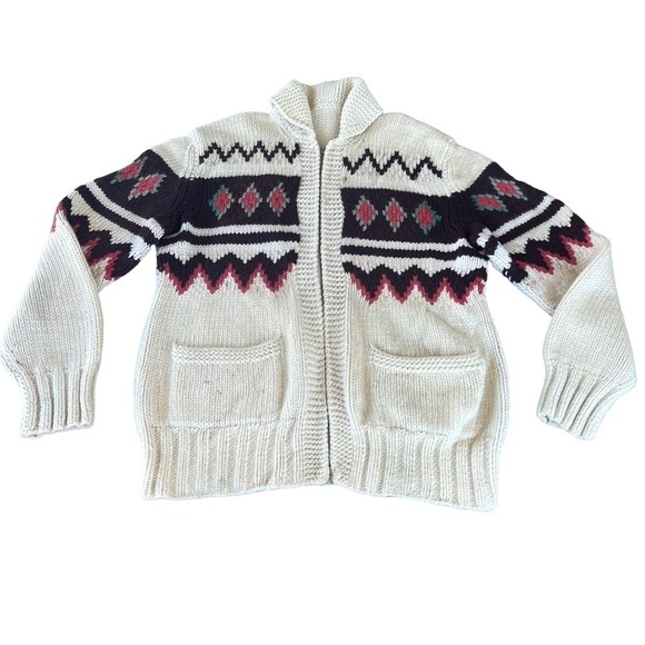 VTG 50s Cowichan Style Mary Maxim Wool Heavy Knit Cardigan Lightning Zip FLAWS - Picture 5 of 16
